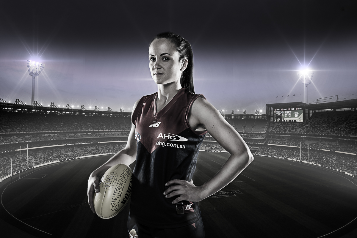Daisy Pearce holding a footy composite image